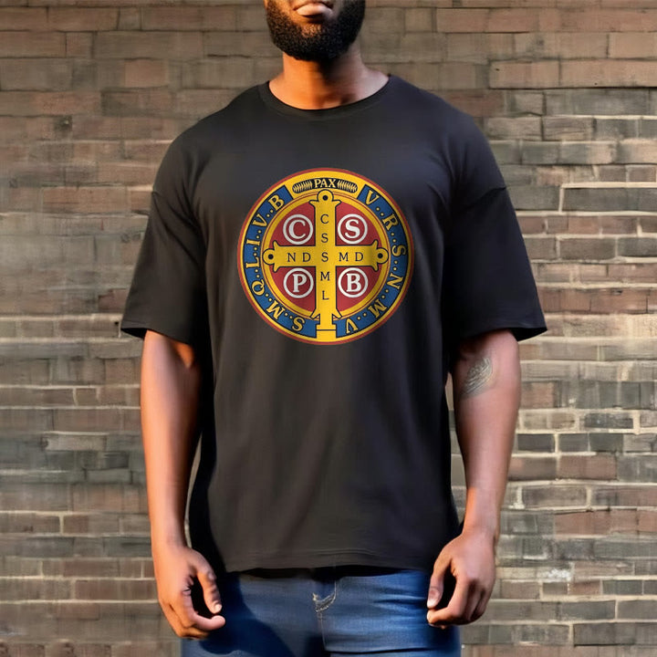 Christianartworkshop T-Shirt im klassischen Stil mit goldener St. Benedikt-Medaille, kurzärmlig, gewaschen