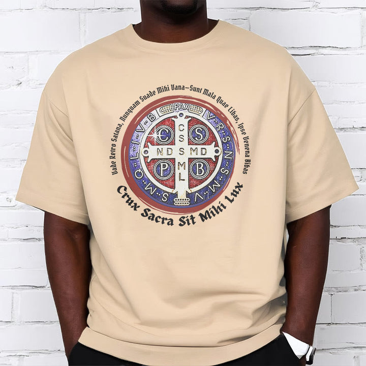 Christianartworkshop T-Shirt im klassischen Stil mit der Medaille des Heiligen Benedikt, kurzärmlig, gewaschen