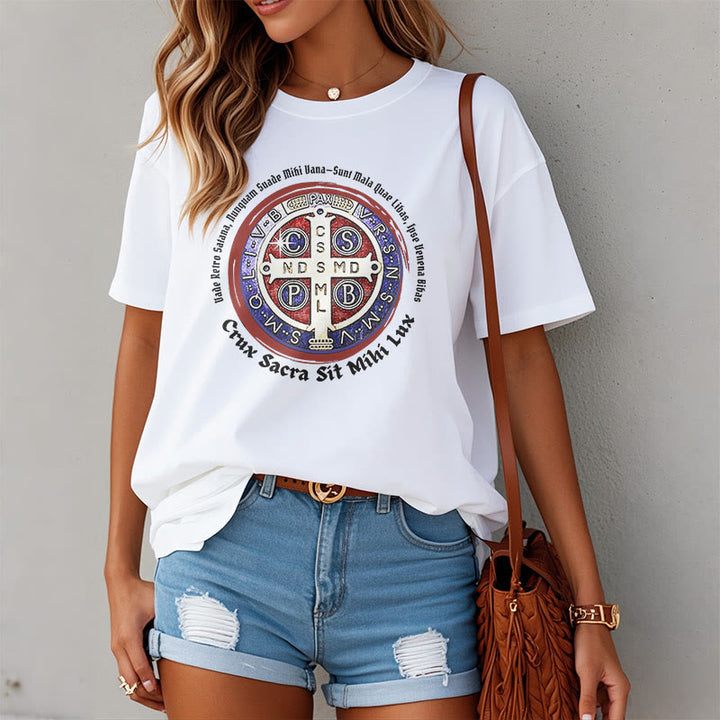 Christianartworkshop T-Shirt im klassischen Stil mit der Medaille des Heiligen Benedikt, kurzärmlig, gewaschen