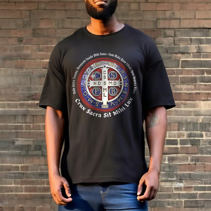 Christianartworkshop T-Shirt im klassischen Stil mit der Medaille des Heiligen Benedikt, kurzärmlig, gewaschen