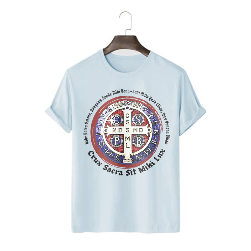 Christianartworkshop Klassisches Kurzarm-T-Shirt mit St.-Benedikt-Medaille - Blau - 2XL - image 17