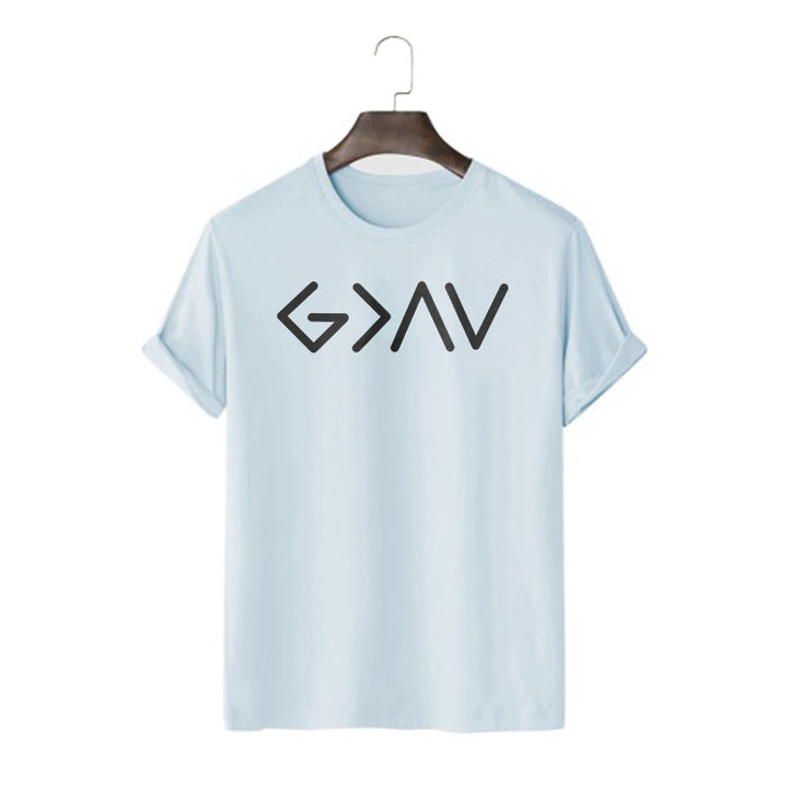 Christianartworkshop – Kurzärmeliges T-Shirt im minimalistischen Stil mit dem Motiv „God Is Greater“ - Blau - 2XL - image 18