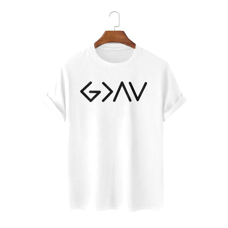 Christianartworkshop – Minimalistischer, vom Glauben inspirierter, kurzärmliger, gewaschener T-Shirt „God Is Greater“