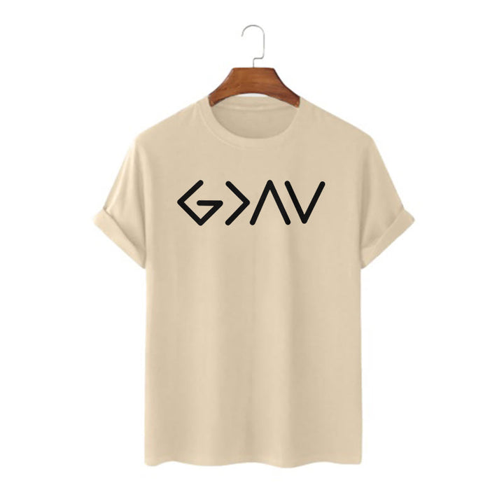 Christianartworkshop – Kurzärmeliges T-Shirt im minimalistischen Stil mit dem Motiv „God Is Greater“ - Khaki - 2XL - image 8