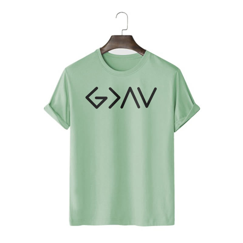 Christianartworkshop – Minimalistischer, vom Glauben inspirierter, kurzärmliger, gewaschener T-Shirt „God Is Greater“