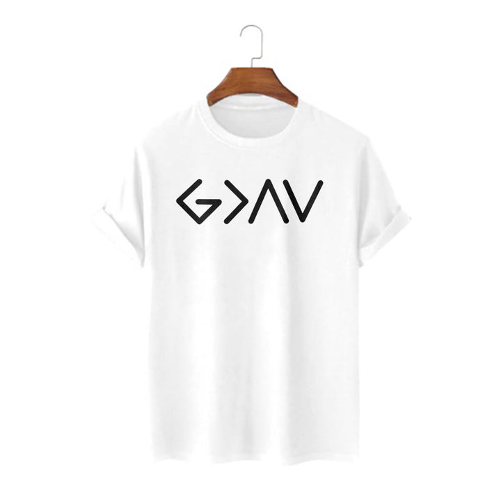 Christianartworkshop – Kurzärmeliges T-Shirt im minimalistischen Stil mit dem Motiv „God Is Greater“ - Weiß - 2XL - image 5
