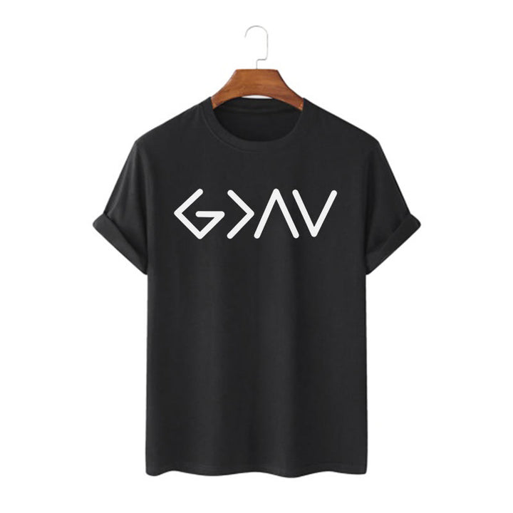 Christianartworkshop – Minimalistischer, vom Glauben inspirierter, kurzärmliger, gewaschener T-Shirt „God Is Greater“