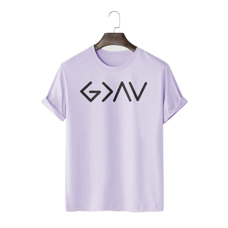 Christianartworkshop – Minimalistischer, vom Glauben inspirierter, kurzärmliger, gewaschener T-Shirt „God Is Greater“