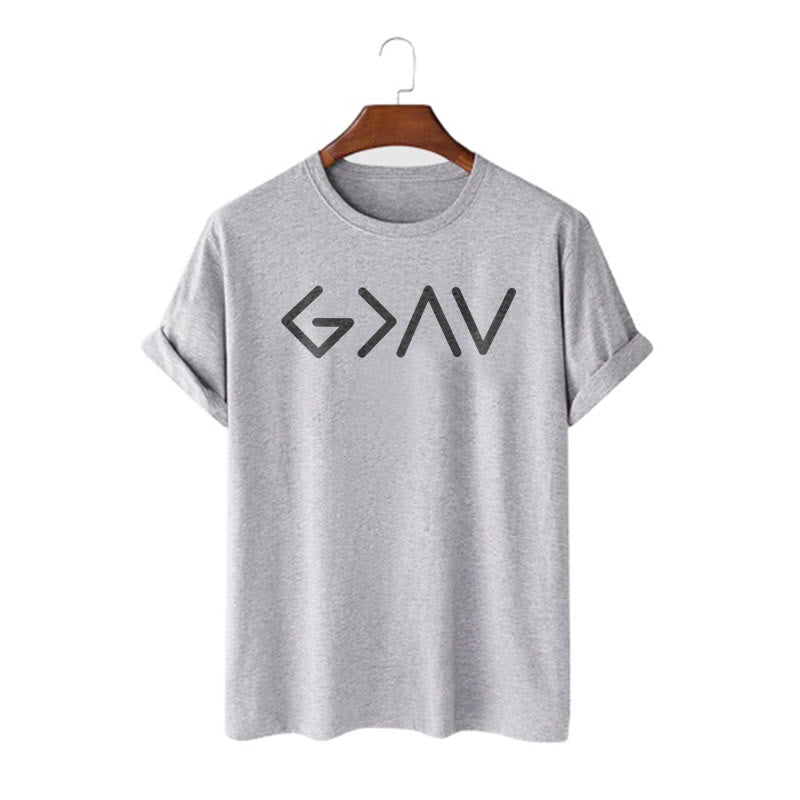 Christianartworkshop – Minimalistischer, vom Glauben inspirierter, kurzärmliger, gewaschener T-Shirt „God Is Greater“