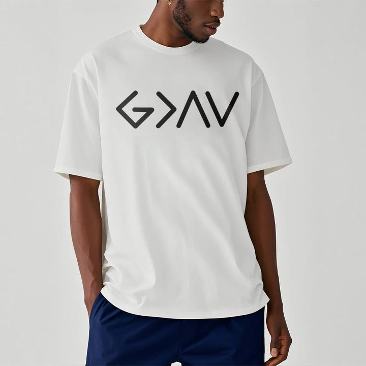 Christianartworkshop – Kurzärmeliges T-Shirt im minimalistischen Stil mit dem Motiv „God Is Greater“ - image 7