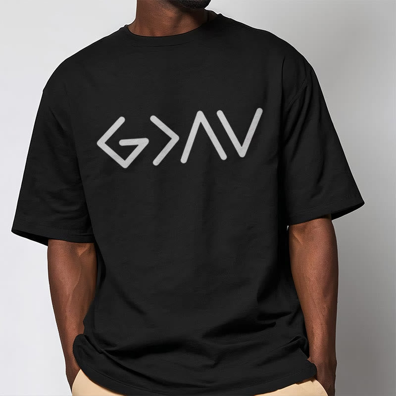Christianartworkshop – Minimalistischer, vom Glauben inspirierter, kurzärmliger, gewaschener T-Shirt „God Is Greater“