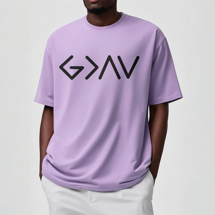 Christianartworkshop – Minimalistischer, vom Glauben inspirierter, kurzärmliger, gewaschener T-Shirt „God Is Greater“