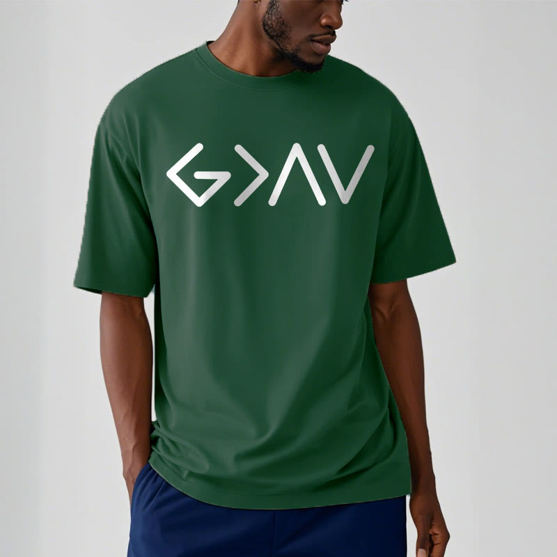 Christianartworkshop – Kurzärmeliges T-Shirt im minimalistischen Stil mit dem Motiv „God Is Greater“ - image 11