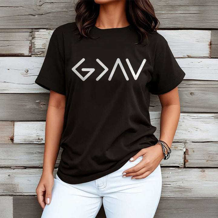 Christianartworkshop – Minimalistischer, vom Glauben inspirierter, kurzärmliger, gewaschener T-Shirt „God Is Greater“
