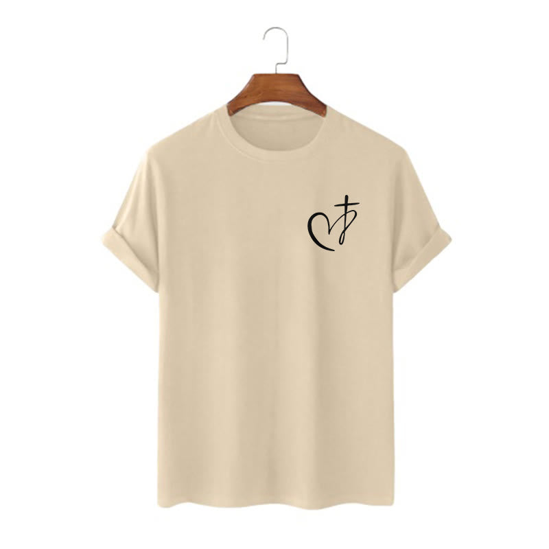 Christianartworkshop Minimalistischer Stil Kurzarm-T-Shirt mit Herz- und Kreuzmotiv - Khaki - 2XL - image 4
