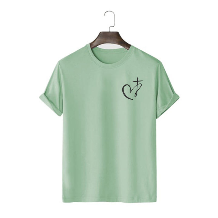 Christianartworkshop Minimalistischer Stil Kurzarm-T-Shirt mit Herz- und Kreuzmotiv - Hellgrün - 2XL - image 8