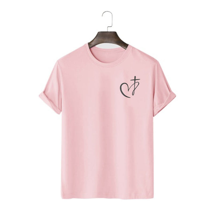 Christianartworkshop Minimalistischer Stil Kurzarm-T-Shirt mit Herz- und Kreuzmotiv - Rosa - 2XL - image 10