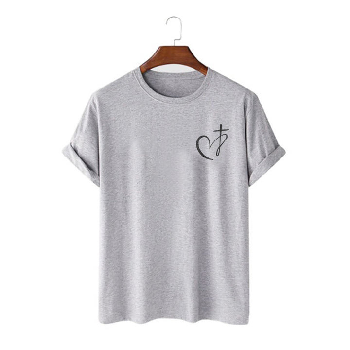 Christianartworkshop Minimalistischer Stil Kurzarm-T-Shirt mit Herz- und Kreuzmotiv - Grau - 2XL - image 15