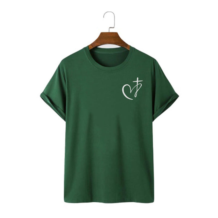 Christianartworkshop Minimalistischer Stil Kurzarm-T-Shirt mit Herz- und Kreuzmotiv - Dunkelgrün - 2XL - image 6