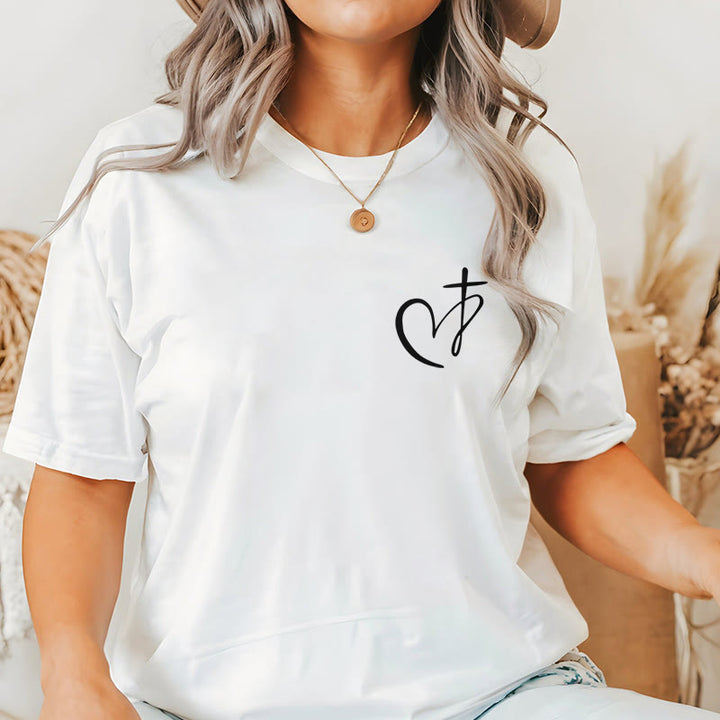 Christianartworkshop Minimalistischer Stil Kurzarm-T-Shirt mit Herz- und Kreuzmotiv - image 1