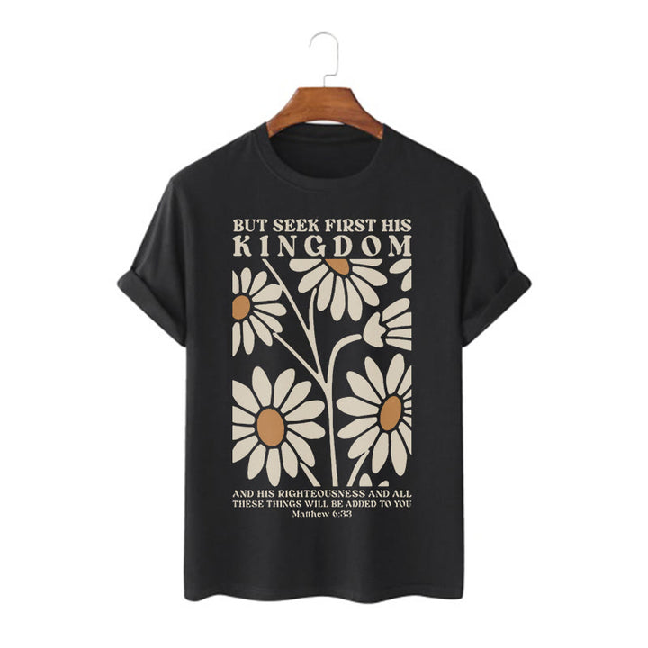 Christianartworkshop Zitat im Stil von Matthäus 6,33: „Trachtet zuerst nach Gottes Reich“ – Kurzarm-T-Shirt mit Blumenmuster - Schwarz - 2XL - image 0