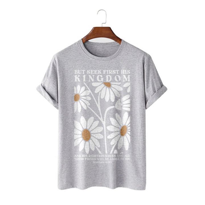 Christianartworkshop Zitat im Stil von Matthäus 6,33: „Trachtet zuerst nach Gottes Reich“ – Kurzarm-T-Shirt mit Blumenmuster - Grau - 2XL - image 15