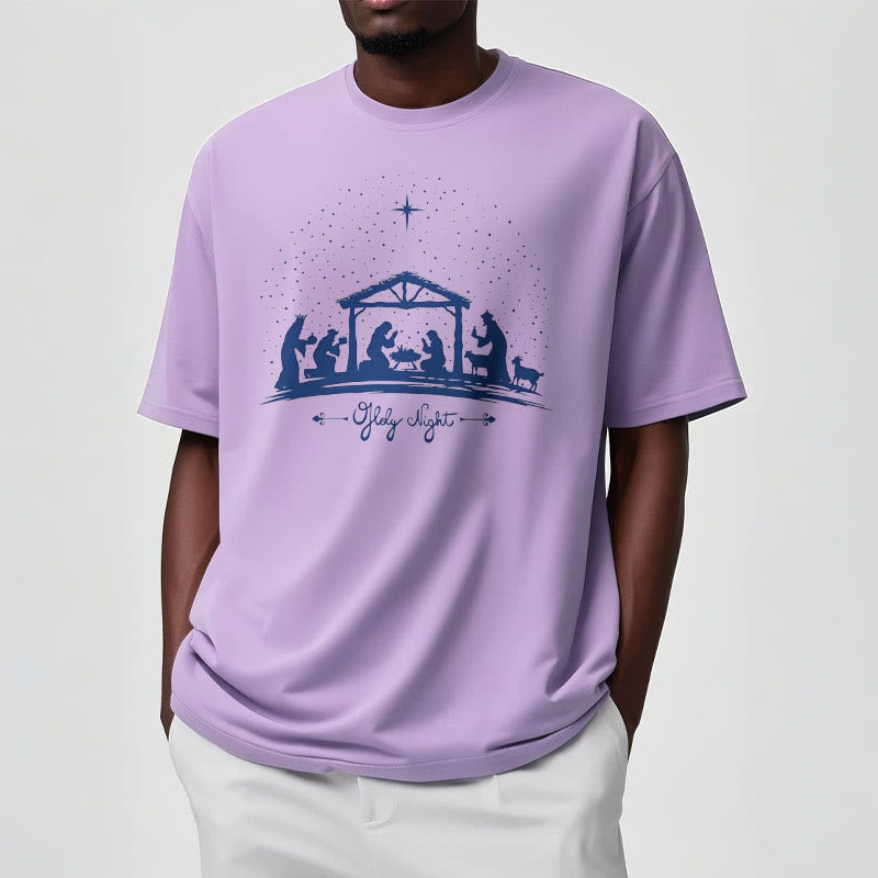 Christianartworkshop Moderner Stil Weihnachtskrippe Heilige Nacht Silhouette Kurzärmeliges gewaschenes T-Shirt
