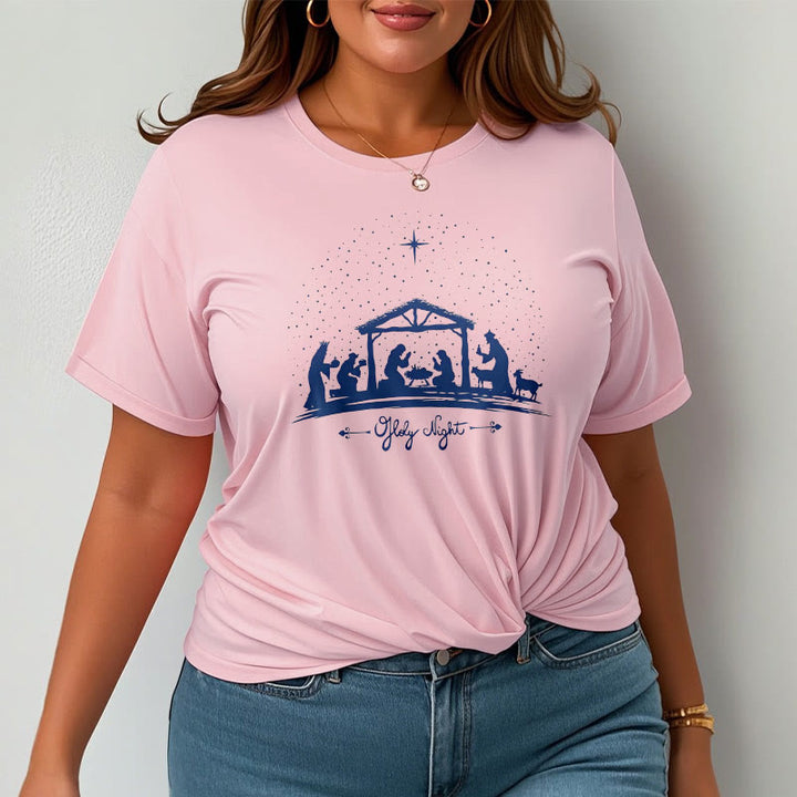Christianartworkshop Moderner Stil Weihnachtskrippe Heilige Nacht Silhouette Kurzärmeliges gewaschenes T-Shirt
