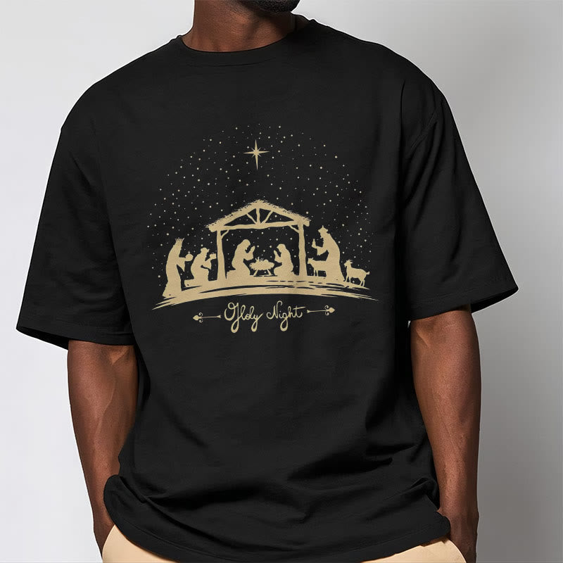 Christianartworkshop Moderner Stil Weihnachtskrippe Heilige Nacht Silhouette Kurzärmeliges gewaschenes T-Shirt