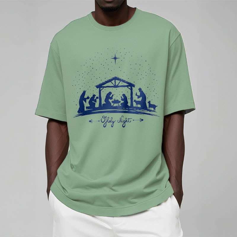 Christianartworkshop Moderner Stil Weihnachtskrippe Heilige Nacht Silhouette Kurzärmeliges gewaschenes T-Shirt