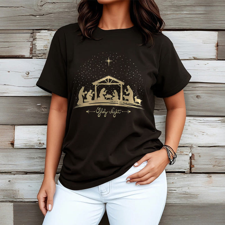 Christianartworkshop Moderner Stil Weihnachtskrippe Heilige Nacht Silhouette Kurzärmeliges gewaschenes T-Shirt