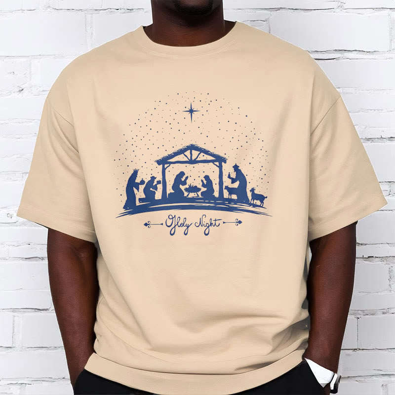 Christianartworkshop Moderner Stil Weihnachtskrippe Heilige Nacht Silhouette Kurzärmeliges gewaschenes T-Shirt