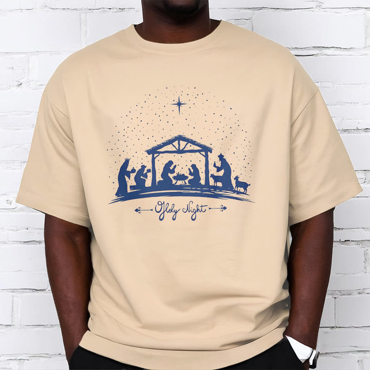 Christianartworkshop Moderner Stil Weihnachtskrippe Heilige Nacht Silhouette Kurzärmeliges gewaschenes T-Shirt
