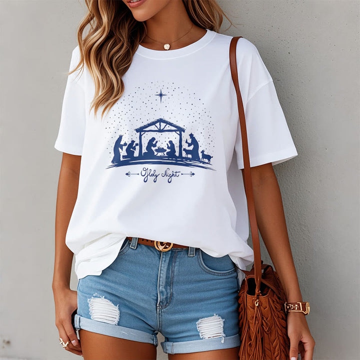 Christianartworkshop Moderner Stil Weihnachtskrippe Heilige Nacht Silhouette Kurzärmeliges gewaschenes T-Shirt