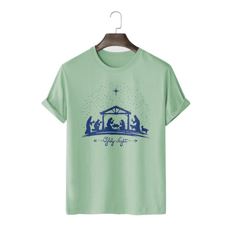 Christianartworkshop Moderner Stil Weihnachtskrippe Heilige Nacht Silhouette Kurzärmeliges gewaschenes T-Shirt