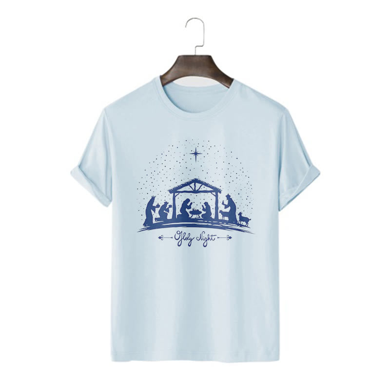 Christianartworkshop Moderner Stil Weihnachtskrippe Heilige Nacht Silhouette Kurzärmeliges gewaschenes T-Shirt