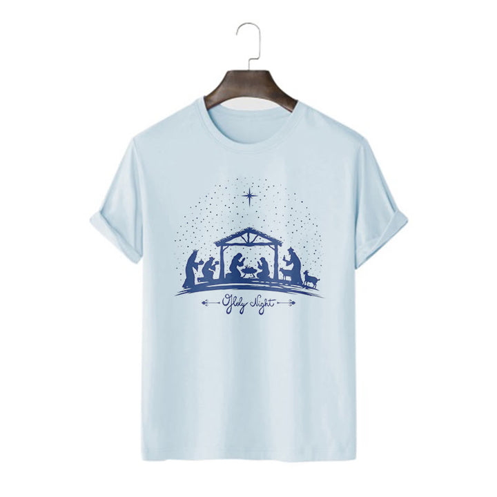 Christianartworkshop Moderner Stil Weihnachtskrippe Heilige Nacht Silhouette Kurzärmeliges gewaschenes T-Shirt