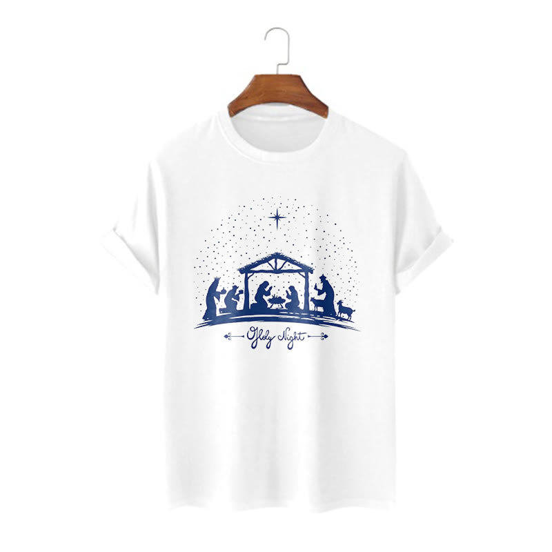 Christianartworkshop Moderner Stil Weihnachtskrippe Heilige Nacht Silhouette Kurzärmeliges gewaschenes T-Shirt