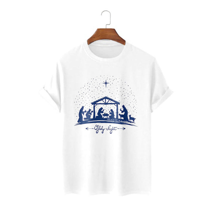 Christianartworkshop Moderner Stil Weihnachtskrippe Heilige Nacht Silhouette Kurzärmeliges gewaschenes T-Shirt