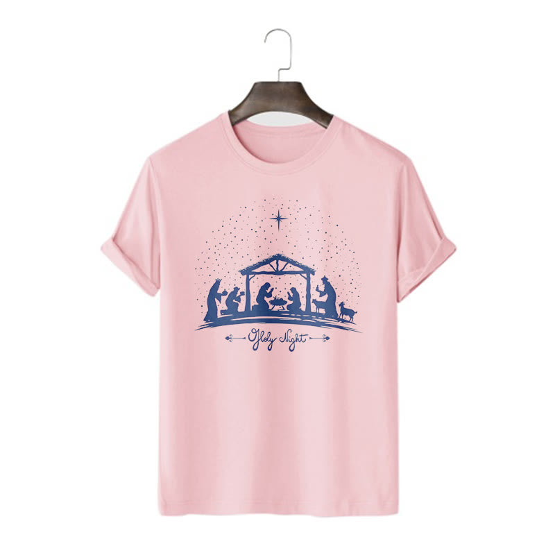 Christianartworkshop Moderner Stil Weihnachtskrippe Heilige Nacht Silhouette Kurzärmeliges gewaschenes T-Shirt