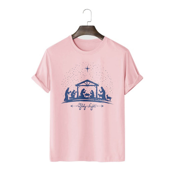 Christianartworkshop Moderner Stil Weihnachtskrippe Heilige Nacht Silhouette Kurzärmeliges gewaschenes T-Shirt