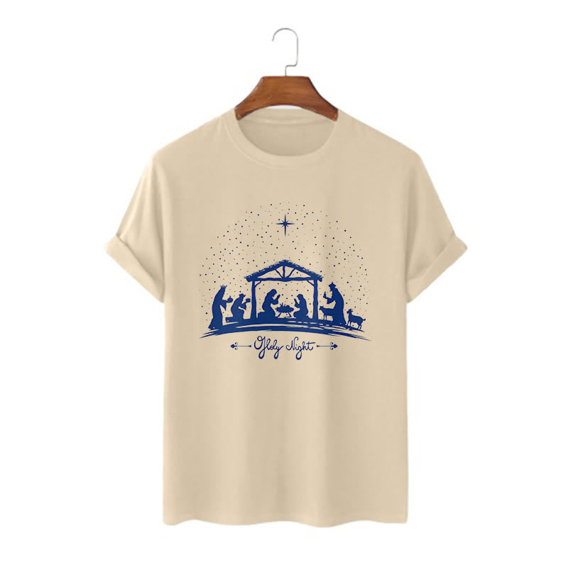 Christianartworkshop Moderner Stil Weihnachtskrippe Heilige Nacht Silhouette Kurzärmeliges gewaschenes T-Shirt