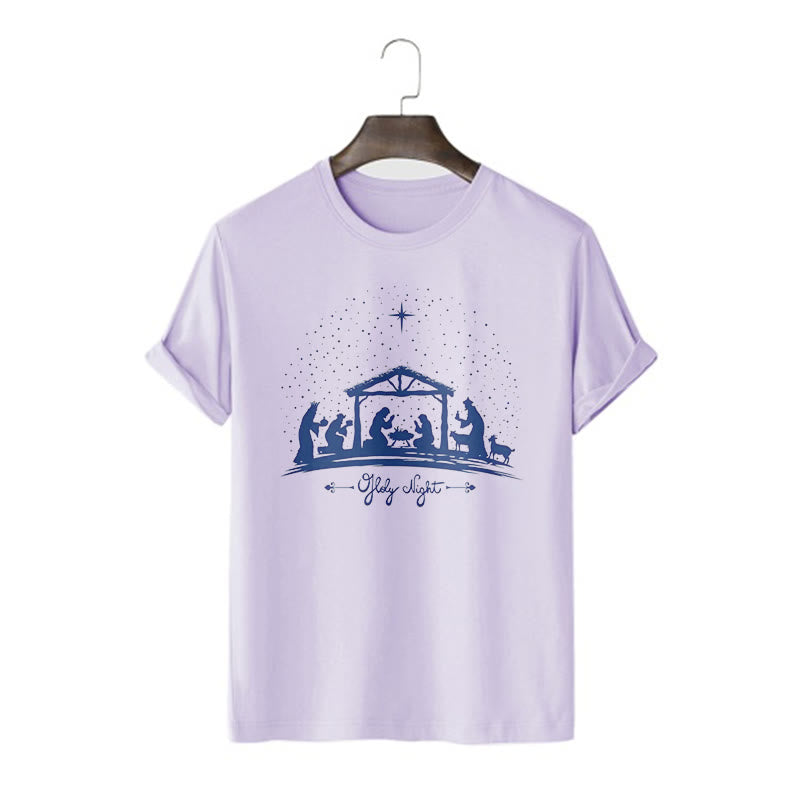 Christianartworkshop Moderner Stil Weihnachtskrippe Heilige Nacht Silhouette Kurzärmeliges gewaschenes T-Shirt
