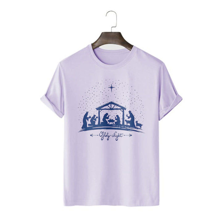 Christianartworkshop Moderner Stil Weihnachtskrippe Heilige Nacht Silhouette Kurzärmeliges gewaschenes T-Shirt