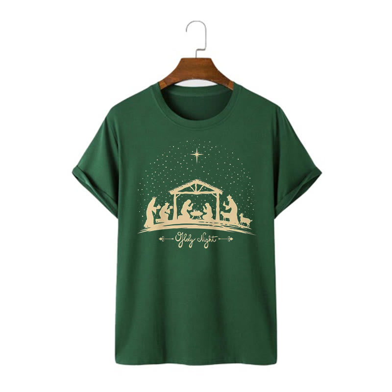 Christianartworkshop Moderner Stil Weihnachtskrippe Heilige Nacht Silhouette Kurzärmeliges gewaschenes T-Shirt