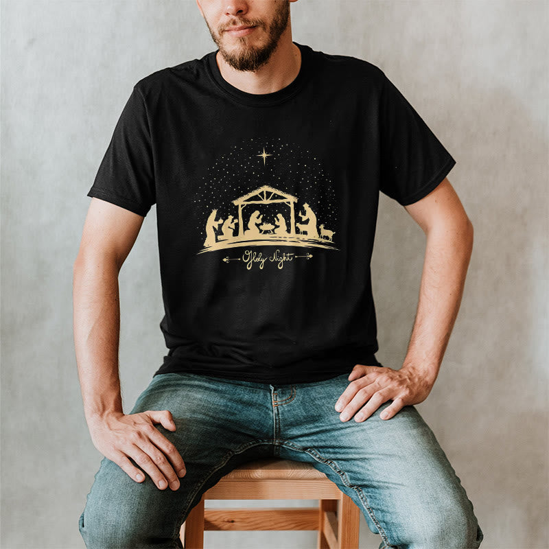 Christianartworkshop Moderner Stil Weihnachtskrippe Heilige Nacht Silhouette Kurzärmeliges gewaschenes T-Shirt