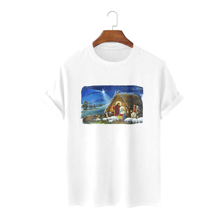 Christianartworkshop Farbiges Kurzarm-T-Shirt mit Motiv des Sterns von Bethlehem und Krippenszene - Weiß - 2XL - image 0