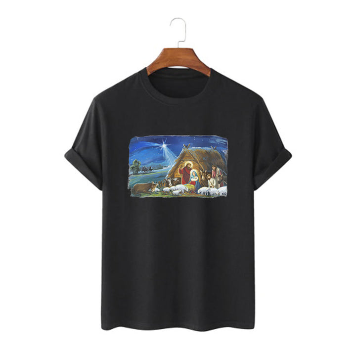 Christianartworkshop Farbiges Kurzarm-T-Shirt mit Motiv des Sterns von Bethlehem und Krippenszene - Schwarz - 2XL - image 3