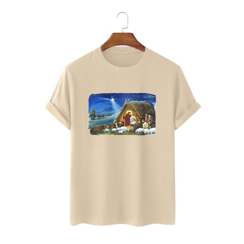 Christianartworkshop Farbiges Kurzarm-T-Shirt mit Motiv des Sterns von Bethlehem und Krippenszene - Khaki - 2XL - image 6