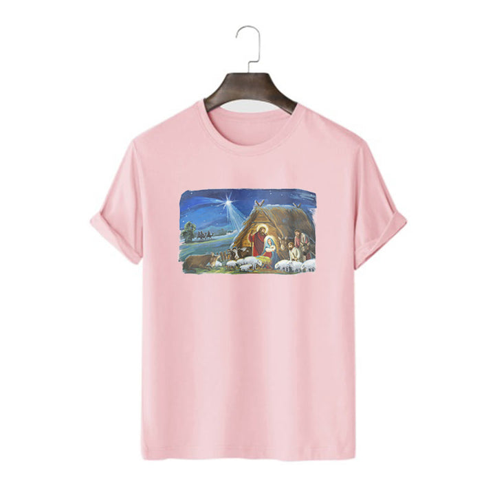 Christianartworkshop Farbiges Kurzarm-T-Shirt mit Motiv des Sterns von Bethlehem und Krippenszene - Rosa - 2XL - image 12